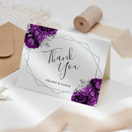 Tarjeta De Agradecimiento Boda Geométrico Blanco Morado Plata Floral