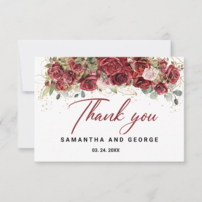 Tarjeta De Agradecimiento Boda Geométrico Boho Rubor Burgundy Floral Gold (Anverso)
