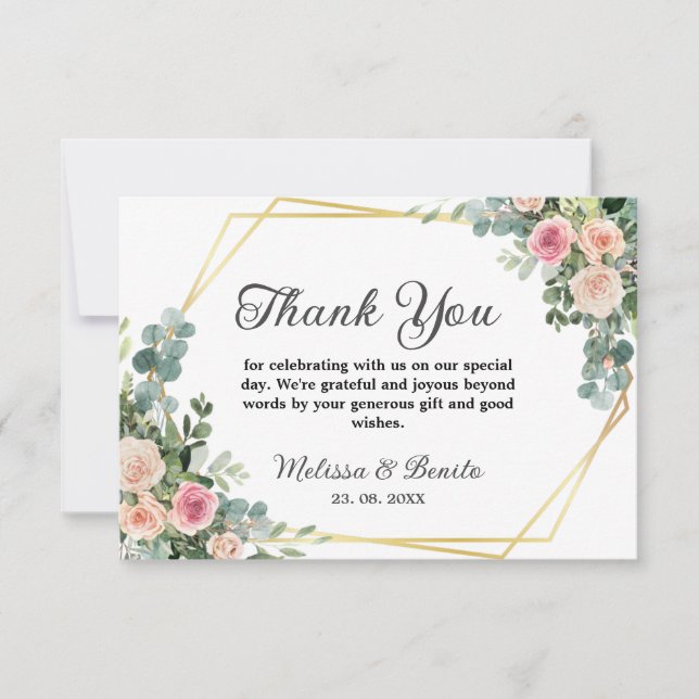 Tarjeta De Agradecimiento Boda geométrico de la acuarela del Eucalipto rosa  (Anverso)