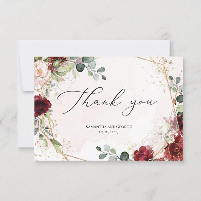 Tarjeta De Agradecimiento Boda geométrico de oro burgundy de Rubor bohemio (Anverso)