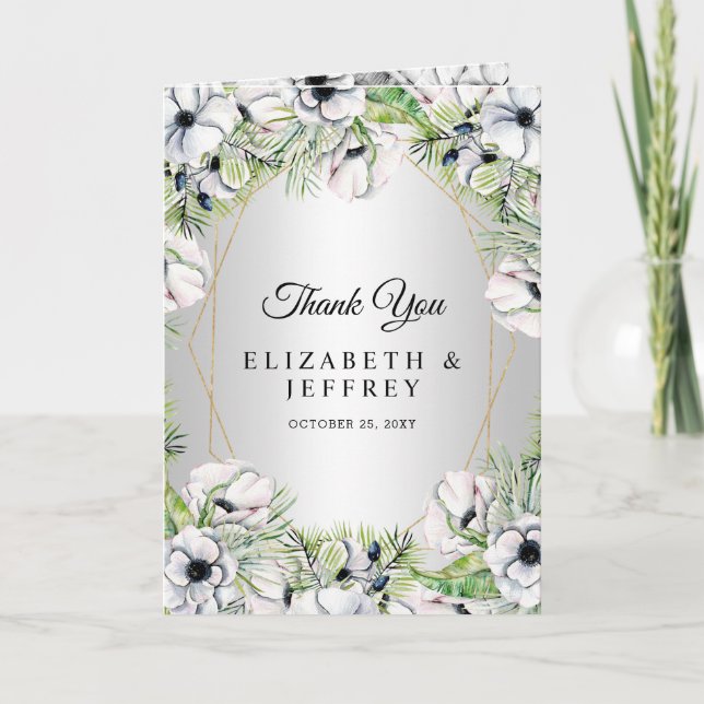 Tarjeta De Agradecimiento Boda Geométrico de Oro de Anemone Blanco Plateado (Anverso)