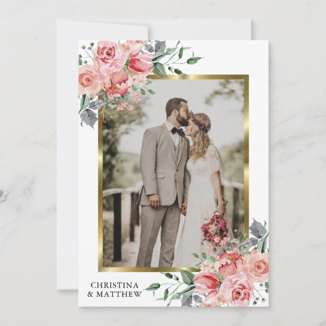 Tarjeta De Agradecimiento Boda geométrico de oro floral moderno FOTO (Anverso)