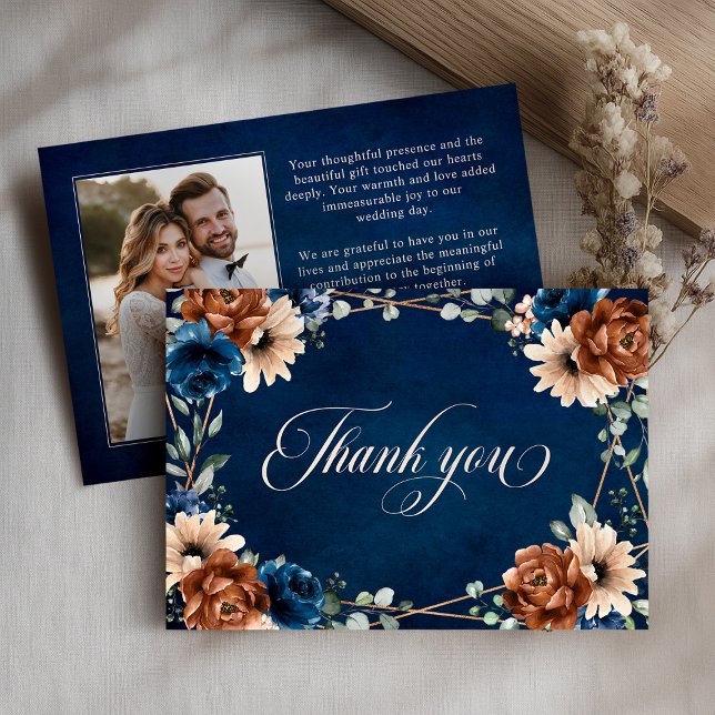 Tarjeta De Agradecimiento Boda geométrico de Terracotta Navy Blue Greenery (Terracotta Navy Blue Greenery Geometric Wedding Thank You Card)