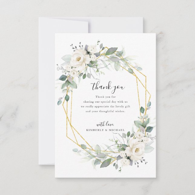 Tarjeta De Agradecimiento boda geométrico floral dorado y blanco (Anverso)