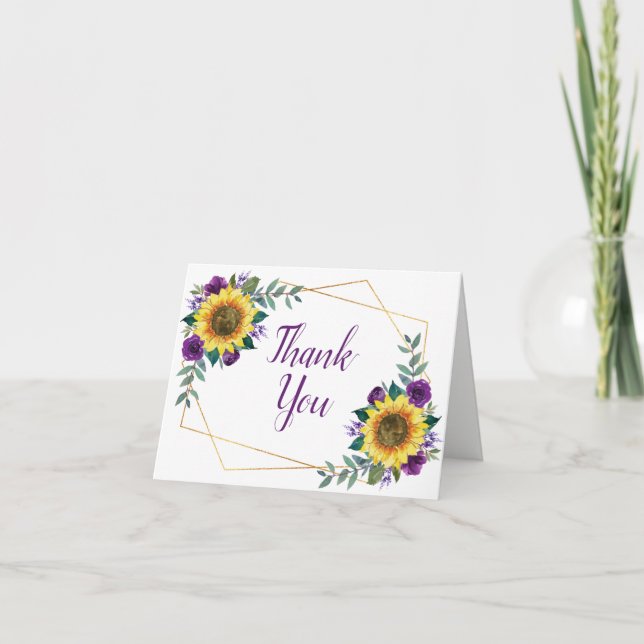 Tarjeta De Agradecimiento Boda Geométrico Floral Púrpura de Girasol (Anverso)
