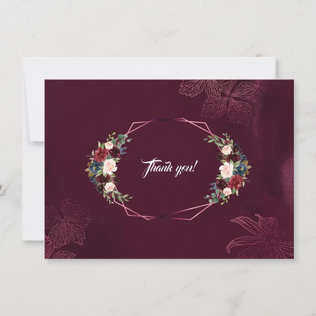 Tarjeta De Agradecimiento Boda Geométrico Floral Real de Borgoña Gracias (Anverso)