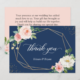 Tarjeta De Agradecimiento Boda geométrico floral rosa Rubor azul marino