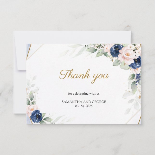 Tarjeta De Agradecimiento Boda Geométrico Navy y Rubor Floral Gold (Anverso)