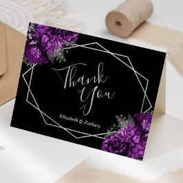 Tarjeta De Agradecimiento Boda Geométrico Negro Morado Floral Plata