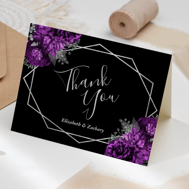 Tarjeta De Agradecimiento Boda Geométrico Negro Morado Floral Plata (Subido por el creador)