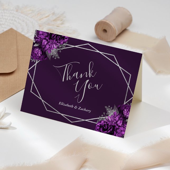 Tarjeta De Agradecimiento Boda Geométrico Purple Floral Silver (Subido por el creador)
