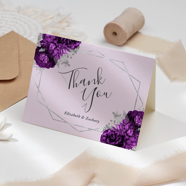 Tarjeta De Agradecimiento Boda Geométrico Purple Floral Silver Lilac (Subido por el creador)