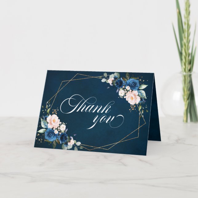 Tarjeta De Agradecimiento Boda geométrico rosa Rubor azul marino (Anverso)