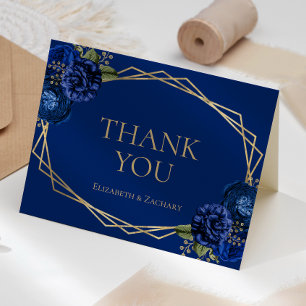 Tarjeta De Agradecimiento Boda Geométrico Royal Blue Floral Gold