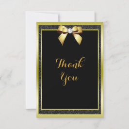 Tarjeta De Agradecimiento Boda Glamurosa con Lazo Dorado y Brillo Negro