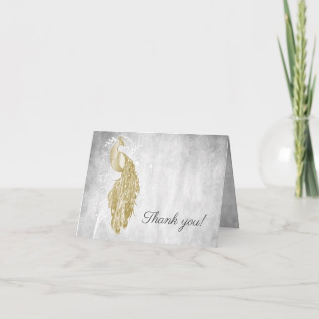 Tarjeta De Agradecimiento Boda Gold Peacock Gracias (Anverso)