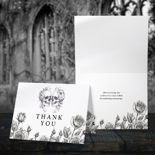Tarjeta De Agradecimiento Boda Gótica de Flores en Blanco y Negro de Cráneos