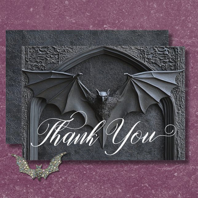 Tarjeta De Agradecimiento Boda gótica de Halloween Arco y Murciélago Negro (Gothic Halloween Black Bat & Arch Wedding Thank You Card)