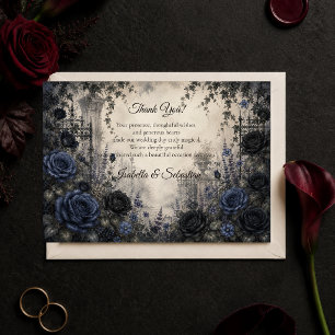 Tarjeta De Agradecimiento Boda Gótica de Rosa Azul Melancólica