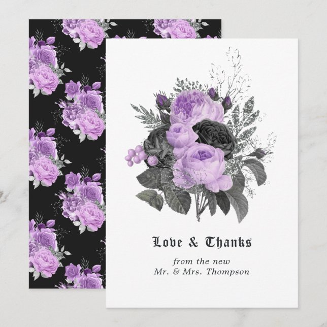 Tarjeta De Agradecimiento Boda gótica floral negra, púrpura y plateada (Anverso / Reverso)