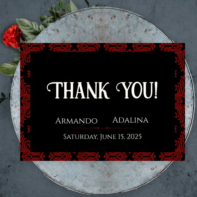 Tarjeta De Agradecimiento Boda gótica gótica floral negra y roja elegante (Black and Red Floral Gothic Dark Elegant Wedding Thank You Card)