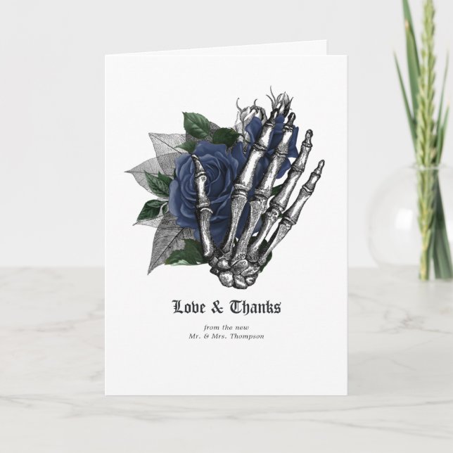 Tarjeta De Agradecimiento Boda gótico floral azul de la marina (Anverso)