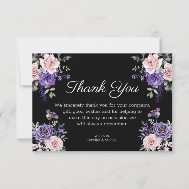 Tarjeta De Agradecimiento boda gótico floral morado rosa negro de halloween (Anverso)