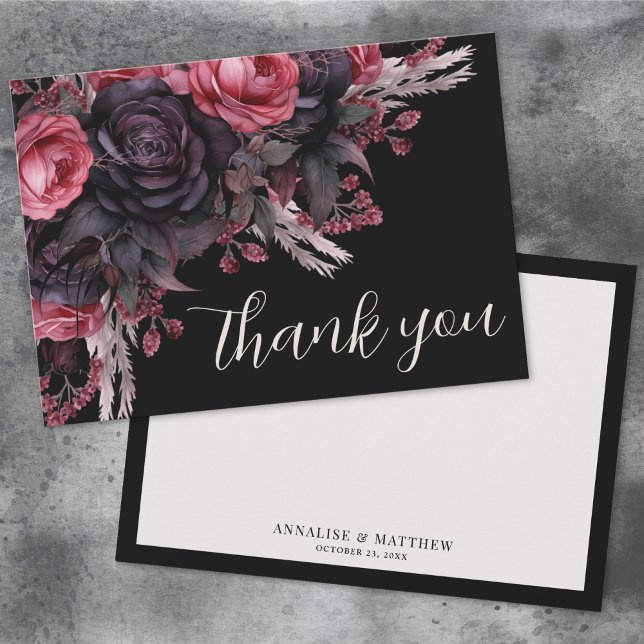 Tarjeta De Agradecimiento Boda gótico floral rojo negro (Floral Red Black Gothic Wedding Thank You Card)