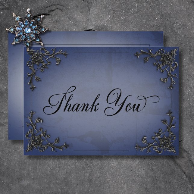 Tarjeta De Agradecimiento Boda gótico negro y azul de corazón filigrí (Gothic Black & Blue Filigree Heart Wedding Thank You Card)
