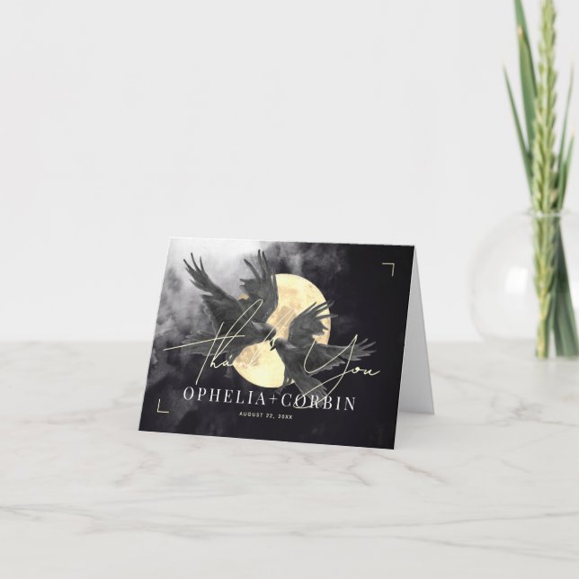 Tarjeta De Agradecimiento Boda gótico Raven & Golden Moon (Anverso)