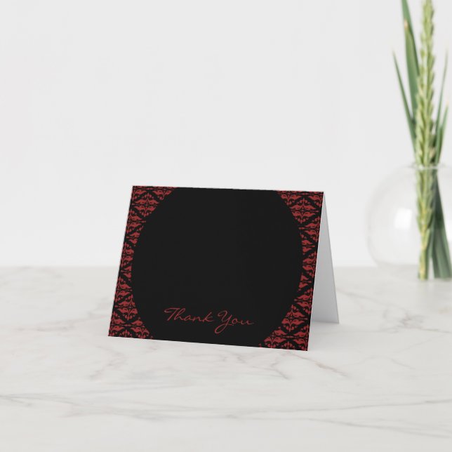 Tarjeta De Agradecimiento Boda gótico Red and Black Damask Gracias (Anverso)
