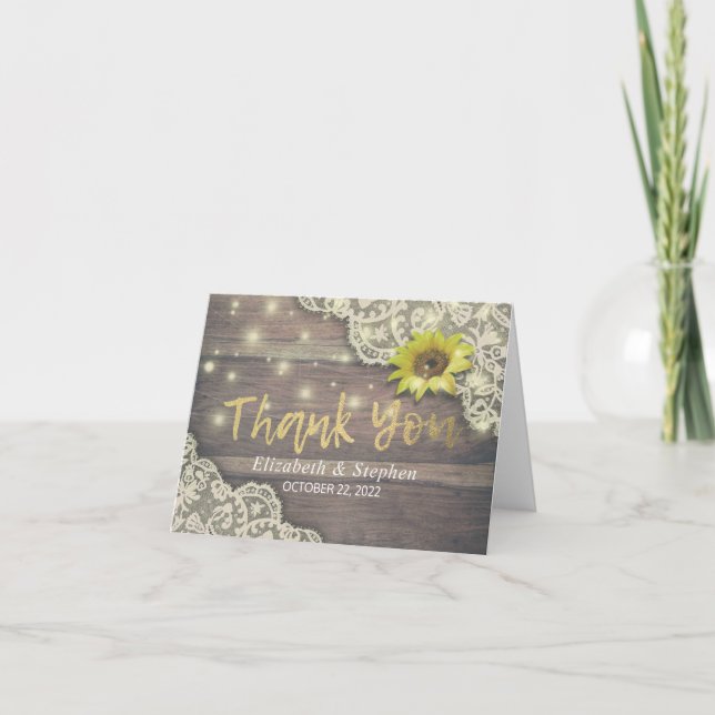 Tarjeta De Agradecimiento Boda Gracias A Lace Sunflower Rustic Wood Light (Anverso)