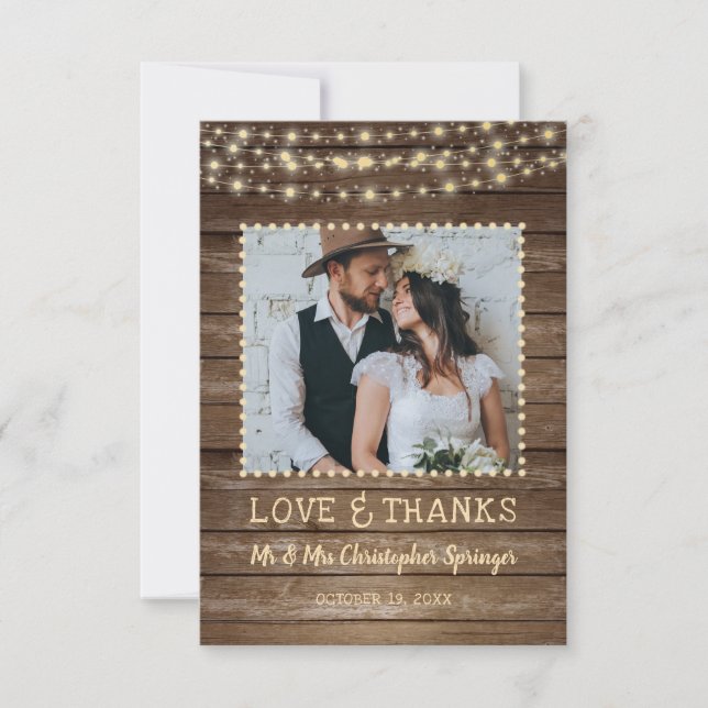 Tarjeta De Agradecimiento Boda Gracias A Rustic Wood String Lights (Anverso)