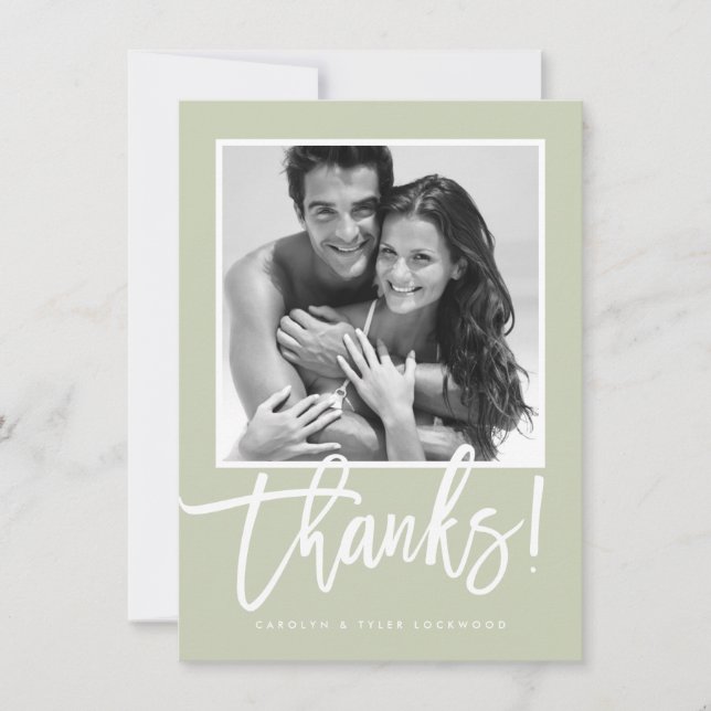 Tarjeta De Agradecimiento BODA GRACIAS A USTED simple caligrafía sage verde (Anverso)