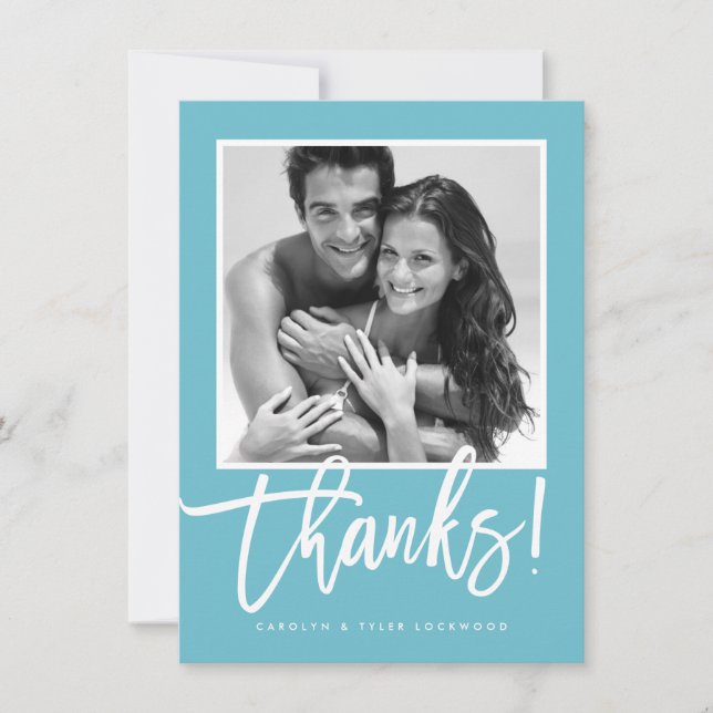 Tarjeta De Agradecimiento BODA GRACIAS azul turquesa con letras simples (Anverso)