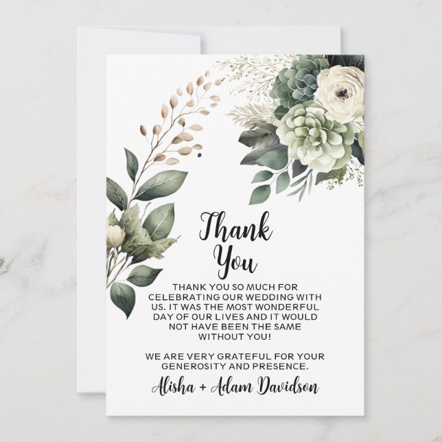 Tarjeta De Agradecimiento Boda Gracias Card Sage Green y Rubor Floral (Anverso)