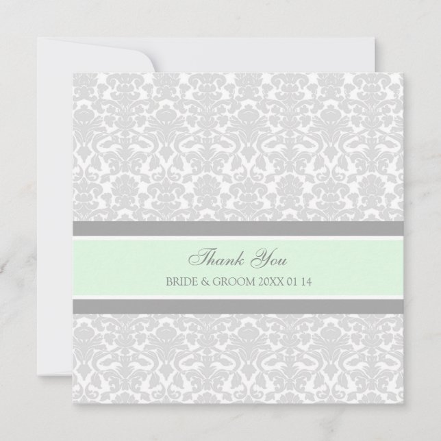 Tarjeta De Agradecimiento Boda Gracias Cartas Damasco Verde Gris (Anverso)