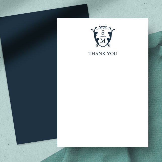 Tarjeta De Agradecimiento Boda Gracias Cartas Elegante Escudo Monograma (thank you card navy blue monogram crest)