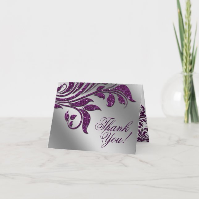 Tarjeta De Agradecimiento Boda Gracias Cartas Leaf Sparkle Purple (Anverso)