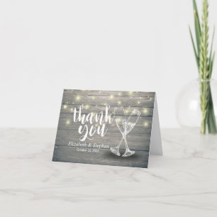 Tarjeta De Agradecimiento Boda Gracias Champagne Glasses Wood Lights