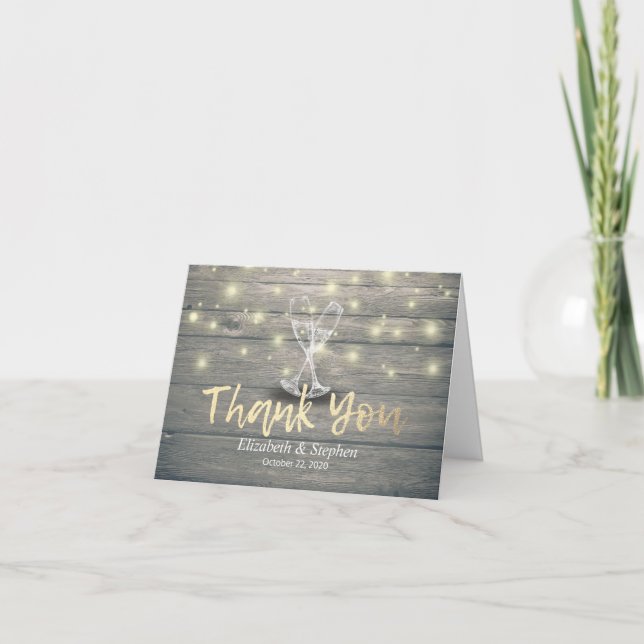 Tarjeta De Agradecimiento Boda Gracias Champagne Glasses Wood Lights (Anverso)
