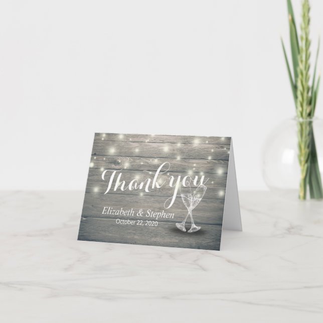 Tarjeta De Agradecimiento Boda Gracias Champagne Glasses Wood Lights (Anverso)