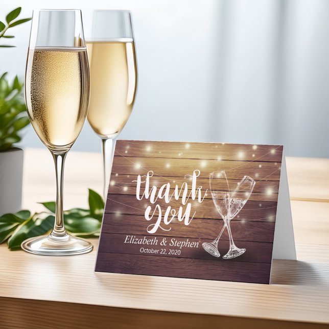 Tarjeta De Agradecimiento Boda Gracias Champagne Glasses Wood Lights (Subido por el creador)