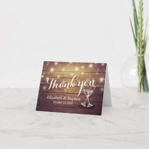Tarjeta De Agradecimiento Boda Gracias Champagne Glasses Wood Lights