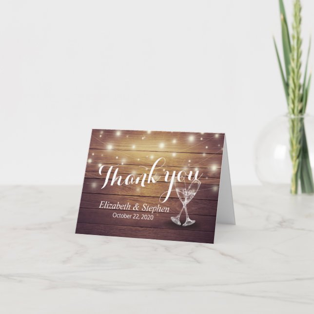 Tarjeta De Agradecimiento Boda Gracias Champagne Glasses Wood Lights (Anverso)