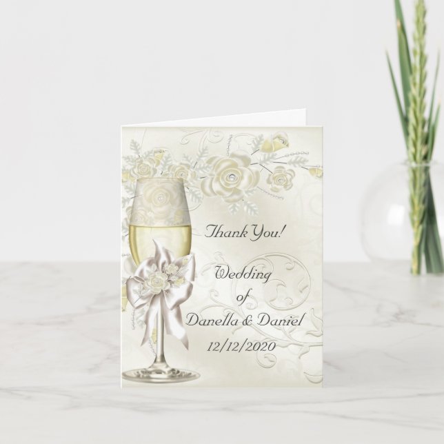 Tarjeta De Agradecimiento Boda Gracias Cream Pearl Rosas Florales (Anverso)