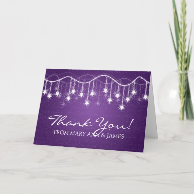 Tarjeta De Agradecimiento Boda "Gracias" Estrellas Brillantes Morado (Anverso)