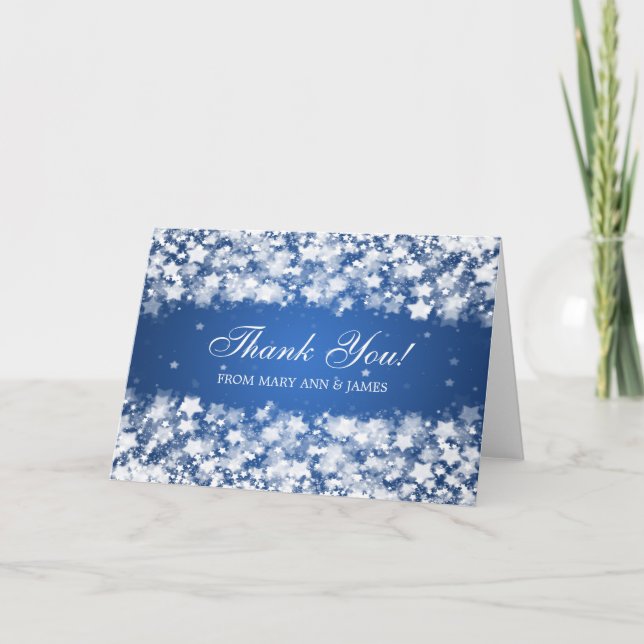 Tarjeta De Agradecimiento Boda "Gracias" Estrellas Deslumbrantes Azul (Anverso)