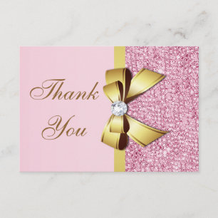 Tarjeta De Agradecimiento Boda Gracias Faux Pink Sequins Gold Bow
