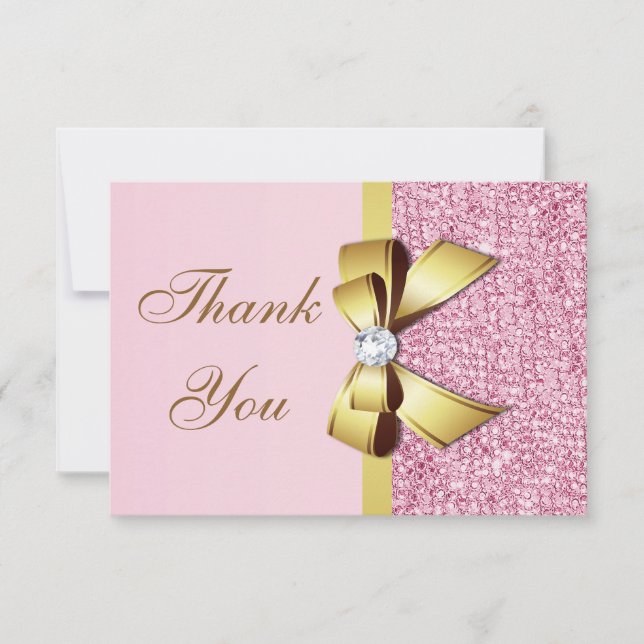 Tarjeta De Agradecimiento Boda Gracias Faux Pink Sequins Gold Bow (Anverso)